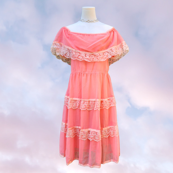 Vtg 60s 70s Handmade Peach Pink Off Shoulder Strapless Frilly Midi Summer Dress - Picture 1 of 8